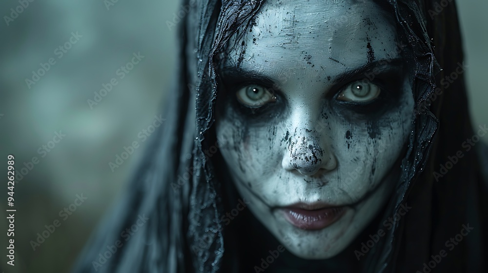 A woman with a pale face and green eyes stares intently at the camera. Her face is covered in white paint and dark smudges, and she is wearing a dark hooded cloak. A woman with a pale face and green eyes stares intently at the camera. Her face is covered in white paint and dark smudges, and she is wearing a dark hooded cloak.