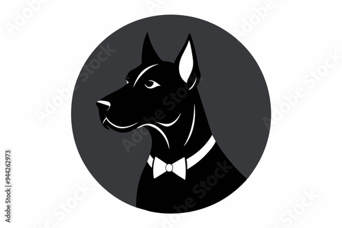 Vector round logo. Great Dane sitting with a bow on his head, dog logo icon vector illustration photo