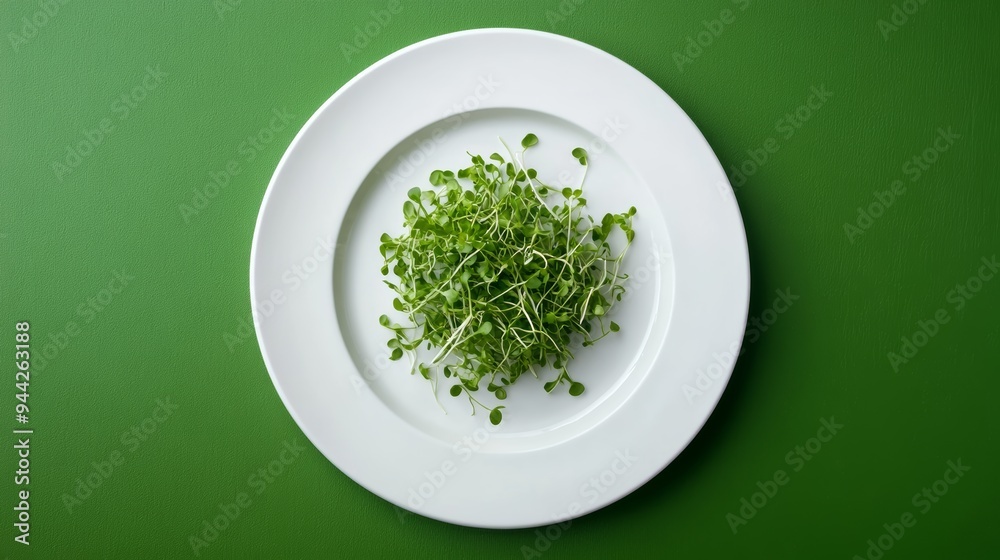 Minimalist serving of microgreens on a white plate against a vibrant green background. Fresh greens for healthy eating. Minimalist serving of microgreens on a white plate against a vibrant green background. Fresh greens for healthy eating.