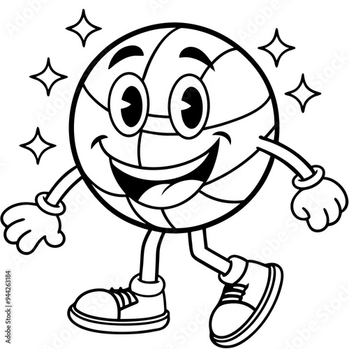 Line art cartoon walking smiled basketball mascot  surrounded by smiled elements and motivation lettering vector white background