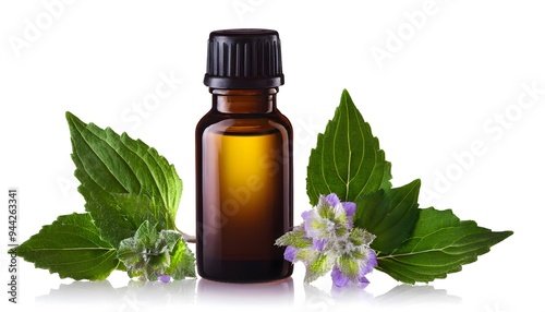 patchouli essential oil in a dark glass bottle