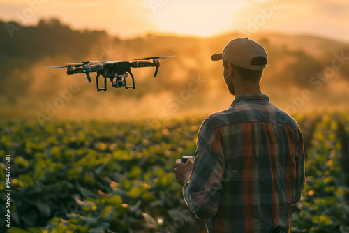 A farmer using drone technology to monitor crop health and irrigation needs.A man is currently flying a drone in an open field at sunset