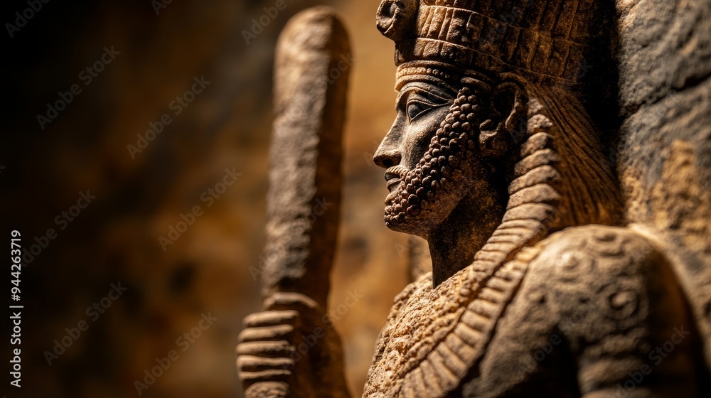 A detailed stone relief depicting an ancient ruler holding a staff. The ...