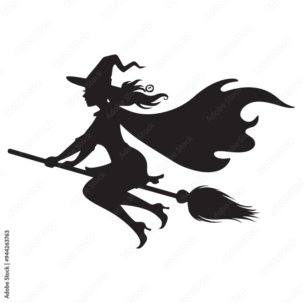 Fototapeta premium Mythical characters for Halloween, Silhouette witch flies on a magic broomstick