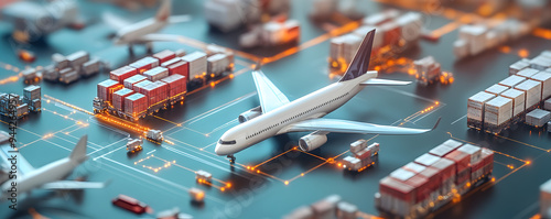 3D Illustration of Fleet management in the aerial supply chain, visualizing how fleets of aircraft are managed within the broader supply chain
