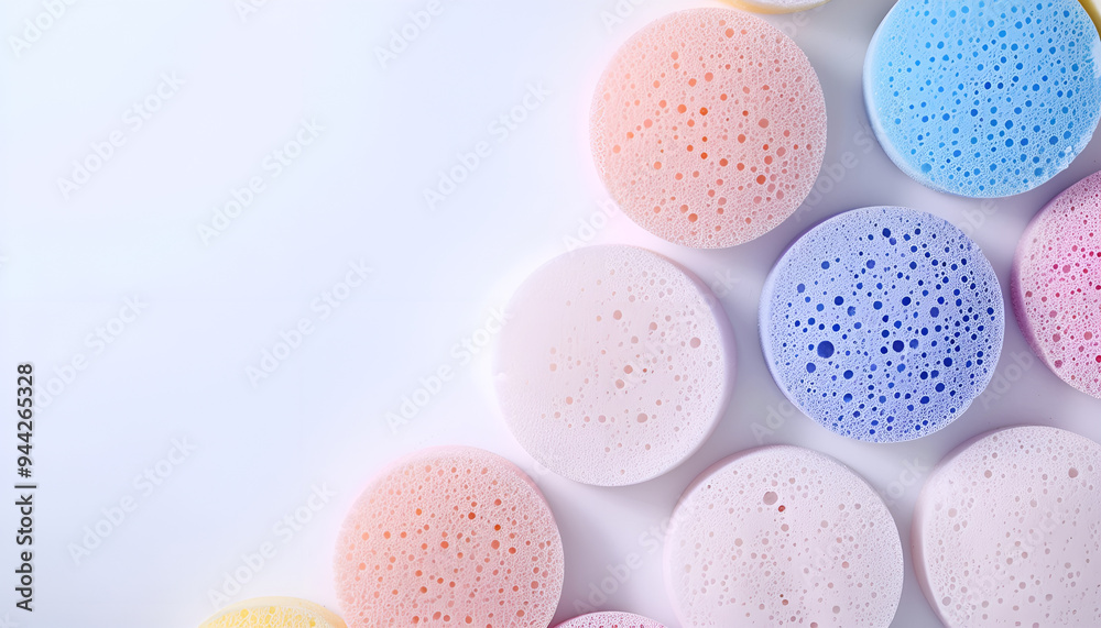 Close up view of cosmetic sponges on white back Close up view of cosmetic sponges on white back