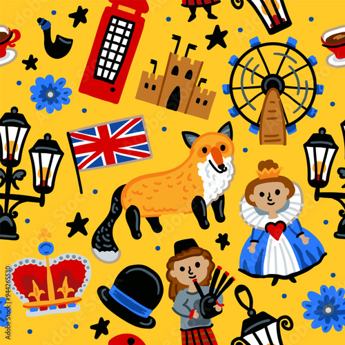 Bright cheerful children seamless vector pattern with symbols of the Great Britain. London. Union Jack, queen, flag, Red telephone booth. United Kingdom landmarks. Childish travel background