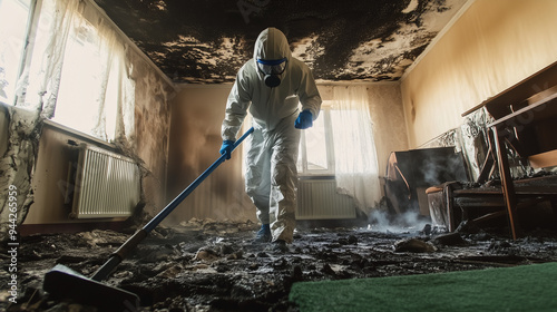 Worker in a hazmat suit cleaning a room after fire