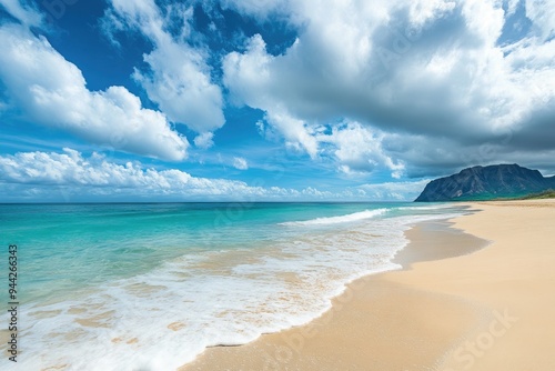 Hawaii Waimanalo. Tropical Coastline with Blue Waters and Colourful Sky at Waimanalo Beach photo