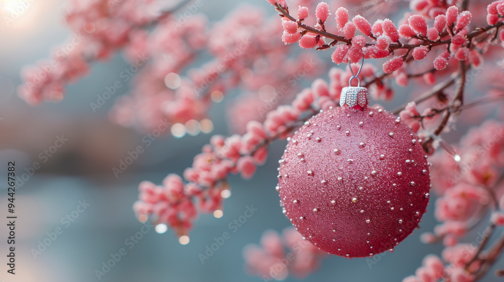 Sparkling Red Christmas Ornament Hanging on Frosty Pink Blooms Sparkling Red Christmas Ornament Hanging on Frosty Pink Blooms