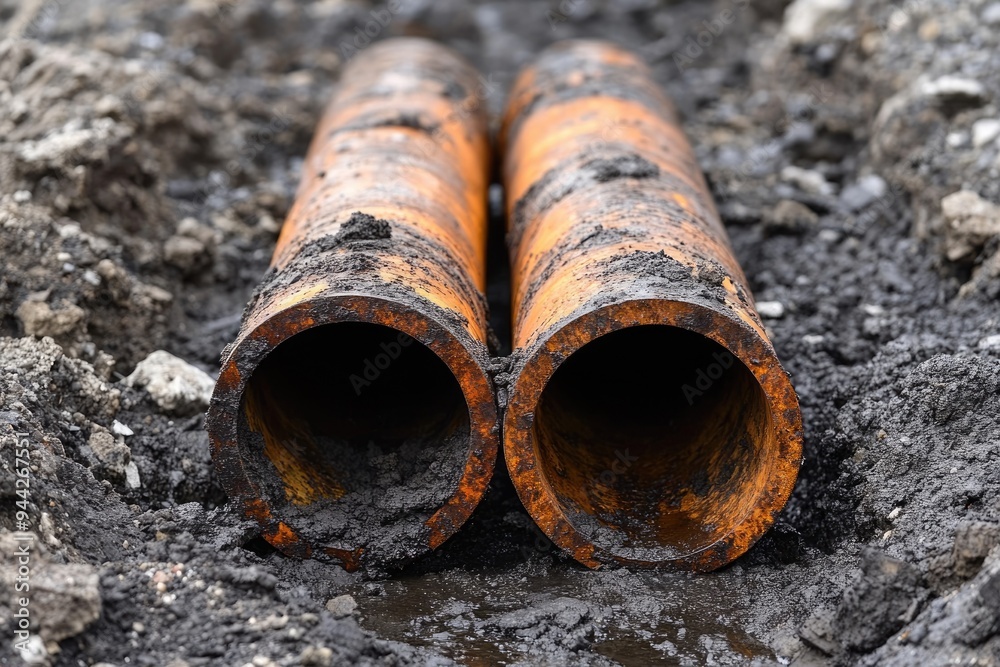 Municipal Plumbing. Replacement of Broken Water Pipes in Construction Site Background Municipal Plumbing. Replacement of Broken Water Pipes in Construction Site Background