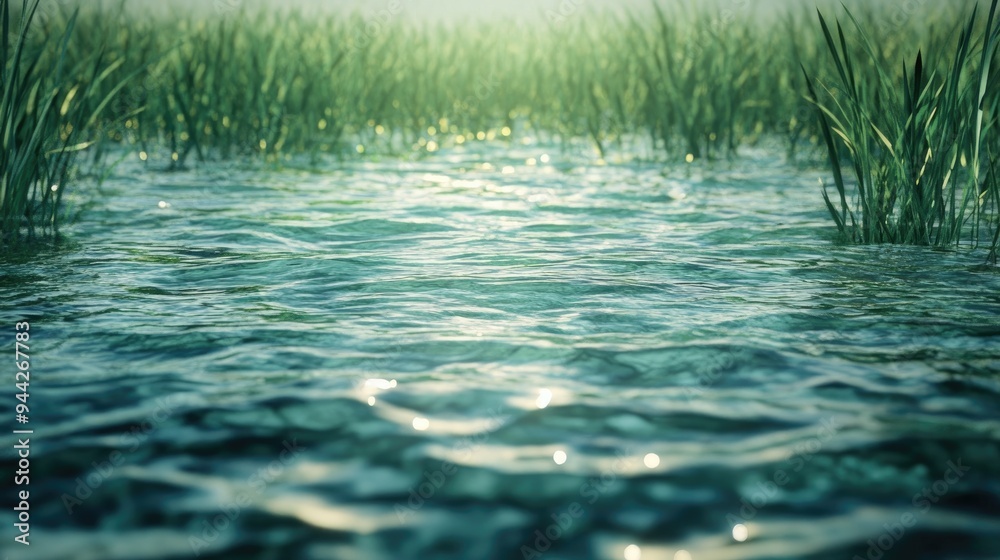 3D rendering of a water and grass surface 3D rendering of a water and grass surface