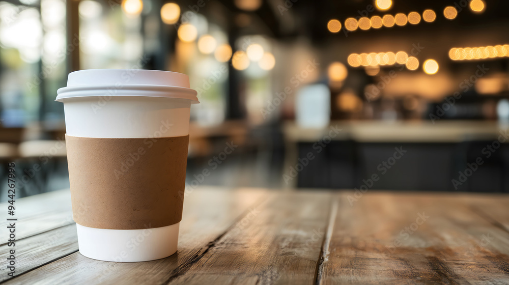White paper coffee cup standing on a wooden table in a cafe White paper coffee cup standing on a wooden table in a cafe