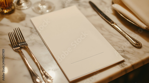 Elegant restaurant menu lying on marble table with silverware