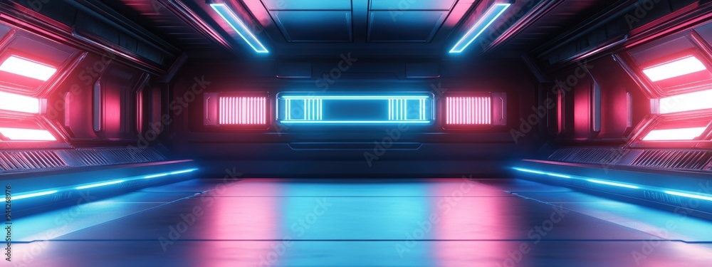 3D rendering of a neon metal texture on an empty stage set against a futuristic science and technology background 3D rendering of a neon metal texture on an empty stage set against a futuristic science and technology background