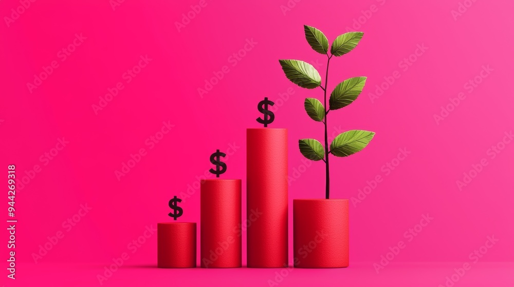 Financial growth, rising bar graphs and dollar signs, flat design illustration Financial growth, rising bar graphs and dollar signs, flat design illustration