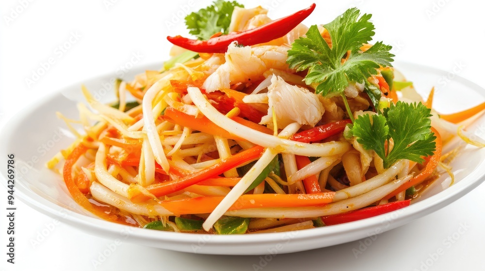 Vibrant papaya salad with crab and fermented fish, captured in a close-up with bright ingredients and rich textures on a clean white background, no people. Vibrant papaya salad with crab and fermented fish, captured in a close-up with bright ingredients and rich textures on a clean white background, no people.
