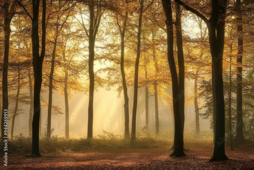Fototapeta premium Sunbeams Illuminating a Misty Autumn Forest