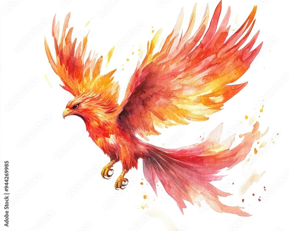 Fototapeta premium Watercolor Phoenix: Isolated Mythical Bird Flying in Tribal Tattoo Style