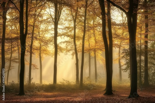 Sunbeams Illuminating a Misty Autumn Forest