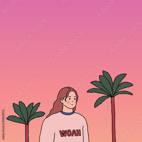 a woman standing against a palm tree