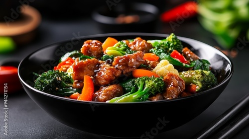 A mouthwatering stir-fry dish featuring succulent pork, crisp broccoli, bok choy, and vibrant vegetables, all coated in a savory sauce. This recipe symbolizes the balance of flavors, textures, and col