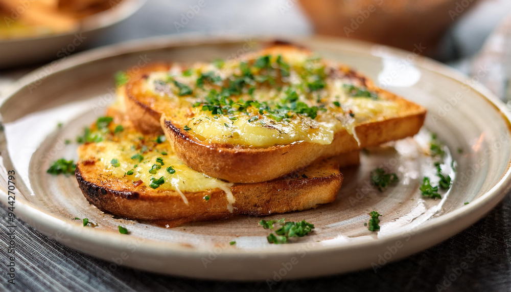 Crispy toast slathered with garlic butter and topped with melted cheese. Tasty food for lunch. Crispy toast slathered with garlic butter and topped with melted cheese. Tasty food for lunch.