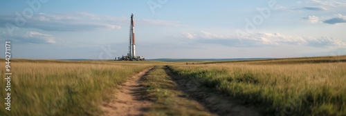 A dirt road stretches to an oil drilling rig in a wide open field under a clear blue sky, a scene of industry in nature.