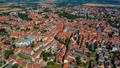  An Aerial panorama around the old town of the city Naumburg in Burgenlandkreis  on a sunny noon in Germany.