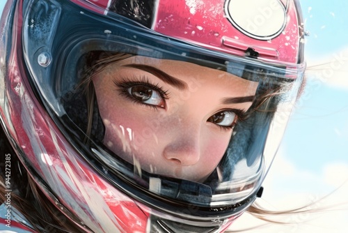 Girl Racecar. Cute Anime Brunette Girl Wearing Motorcycle Helmet Outdoors