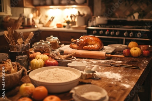 Kitchen Countertop with Roasted Turkey and Baking Supplies