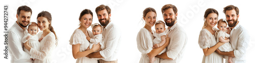 set of A Happy young family with a baby, smiling mom and dad holding their little daughter on a transparent background