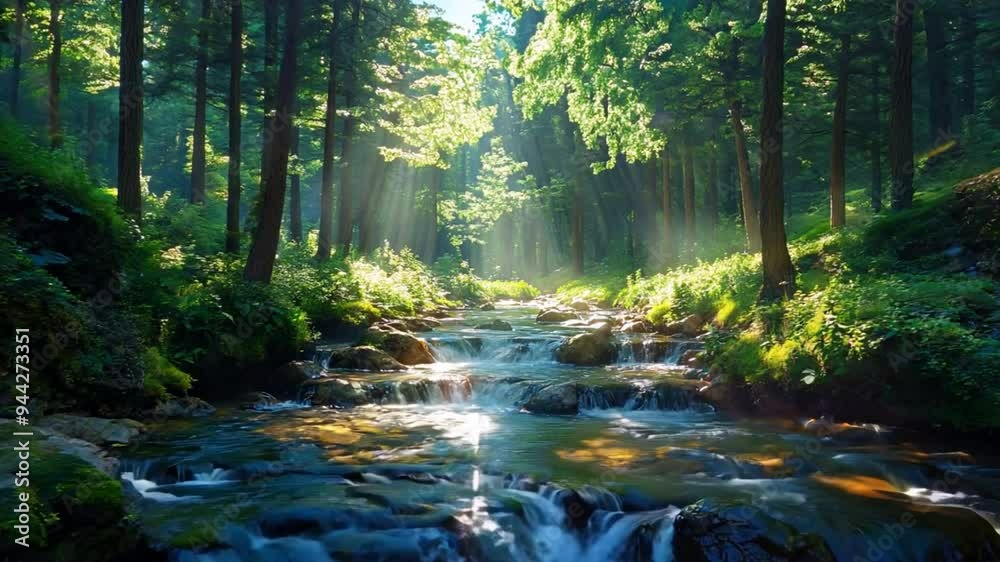 A beautiful autumn scene of a flowing river through a green forest with rocks and fallen leaves. A beautiful autumn scene of a flowing river through a green forest with rocks and fallen leaves.