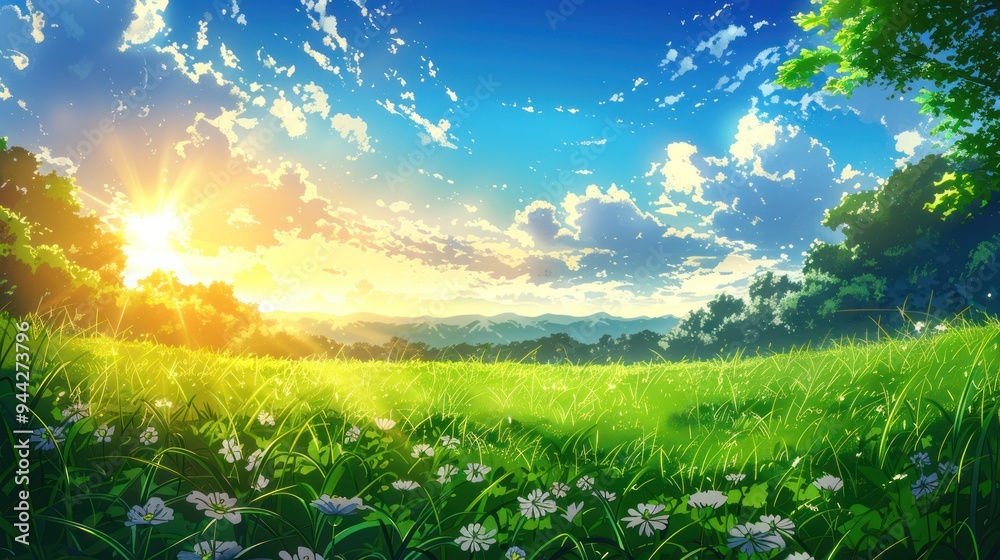 Bright sunrise with lush green field under cloudy sky. Bright sunrise with lush green field under cloudy sky.