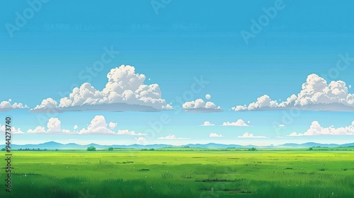 Landscape of a lush green field under a clear blue sky with fluffy white clouds.