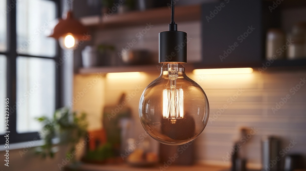 A Single Hanging Light Bulb Illuminates a Kitchen A Single Hanging Light Bulb Illuminates a Kitchen