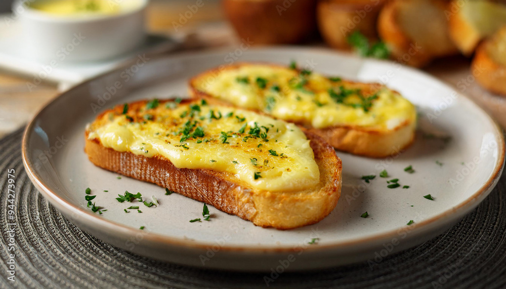 Crispy toast slathered with garlic butter and topped with melted cheese. Tasty food for lunch. Crispy toast slathered with garlic butter and topped with melted cheese. Tasty food for lunch.