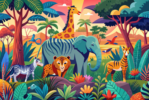 A vibrant and richly detailed artwork featuring a variety of jungle animals, including elephants, zebras, and giraffes, capturing the diversity and beauty of the wild in a modern style

