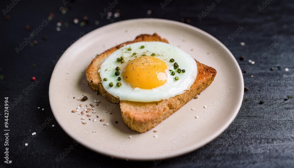 Delicious fried egg on toasted bread, sprinkled with pepper. Food for breakfast. Tasty for lunch. Delicious fried egg on toasted bread, sprinkled with pepper. Food for breakfast. Tasty for lunch.