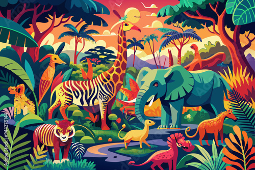 A vibrant and richly detailed artwork featuring a variety of jungle animals, including elephants, zebras, and giraffes, capturing the diversity and beauty of the wild in a modern style
