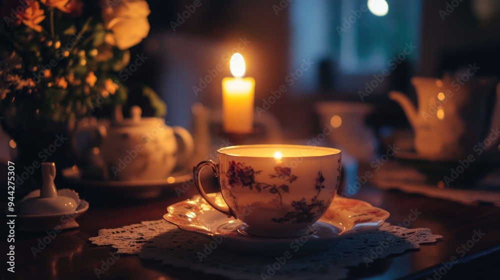 A Teacup Lit By Candlelight On A Table With Doilies A Teacup Lit By Candlelight On A Table With Doilies