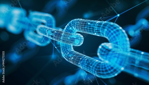 digital blue chain links in low poly wireframe, Blockchain Technology networks, Security and Encryption, supply chain management, connectivity of various system, Data Integrity and Verification. 