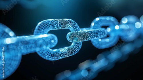 digital blue chain links in low poly wireframe, Blockchain Technology networks, Security and Encryption, supply chain management, connectivity of various system, Data Integrity and Verification. 