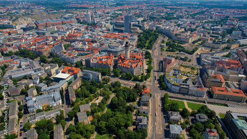 An Aerial panorama around the old town of the city Leipzig on a sunny noon in Germany.