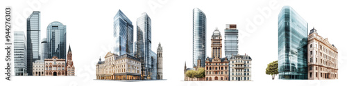 Wallpaper Mural set of depiction of modern glass buildings alongside classic stone structures, on a transparent backgrounds Torontodigital.ca