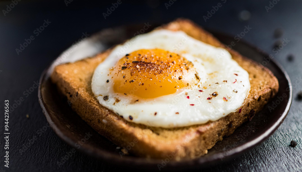 Delicious fried egg on toasted bread, sprinkled with pepper. Food for breakfast. Tasty for lunch. Delicious fried egg on toasted bread, sprinkled with pepper. Food for breakfast. Tasty for lunch.