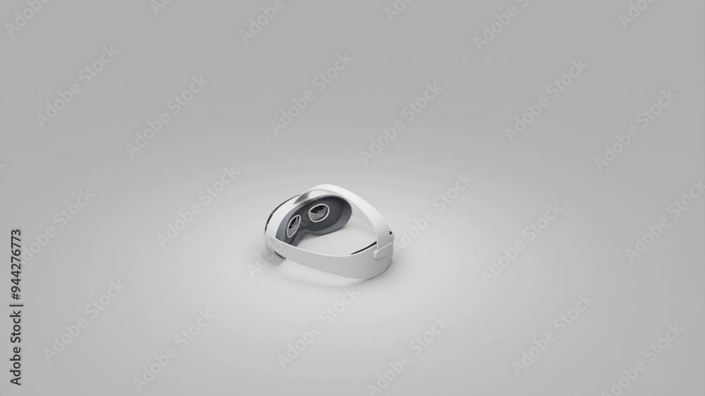 A 360-degree view of a white VR headset on a gray background. The sleek design, curved edges, and adjustable straps are clearly visible, showcasing modern virtual reality technology in a minimalist se A 360-degree view of a white VR headset on a gray background. The sleek design, curved edges, and adjustable straps are clearly visible, showcasing modern virtual reality technology in a minimalist se