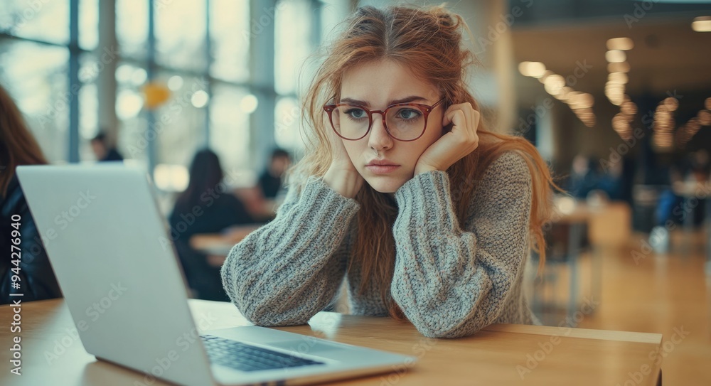 Webinar Bored. Concentrated Caucasian Hipster Girl Studying Online on Computer App Webinar Bored. Concentrated Caucasian Hipster Girl Studying Online on Computer App