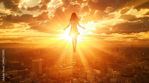 A woman floating in the air, rays of light shining around her. The background shows a cityscape during sunset.