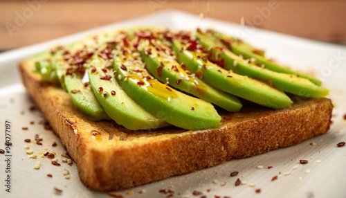 Golden toasted bread with ripe avocado slices and sprinkle of chili flakes. Tasty food for lunch